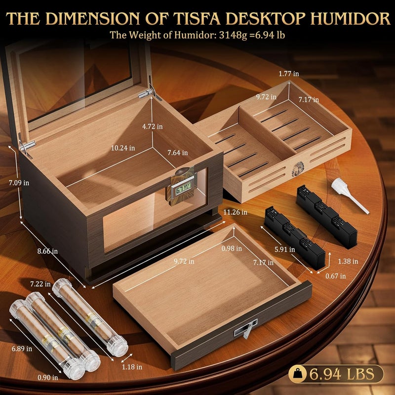TISFA Cigar Humidor Cedar Wood Cigar Box with 2 Digital Hygrometer, 2 Humidifiers, Cedar Tray, Divider, Accessory Drawer, Glass Top Large Desktop Humidors and Acrylic Travel Cigar Tube Gifts Set - Image 4